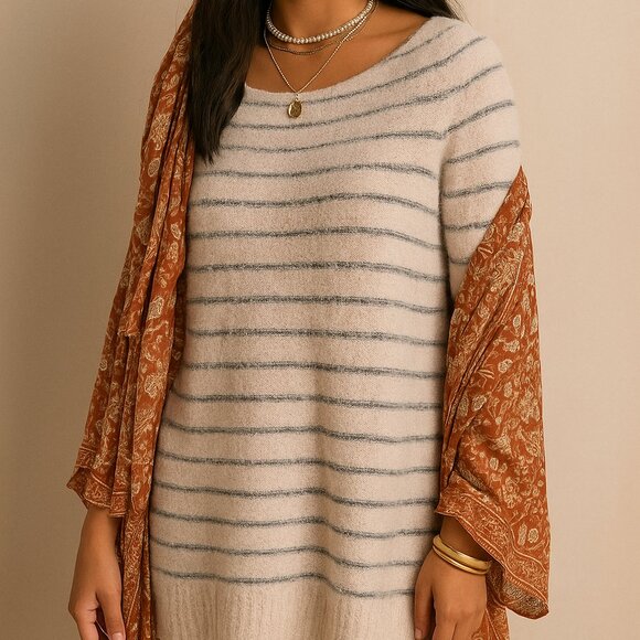 Free People Alpaca Blend Fuzzy Striped Sweater Tunic Pink Gray L NWOT - Picture 1 of 10
